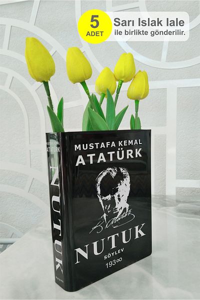 Gri Grafik Design Workshop Nutuk, Ataturk Printed Black Book Vase Including 5 White Wet Tulips