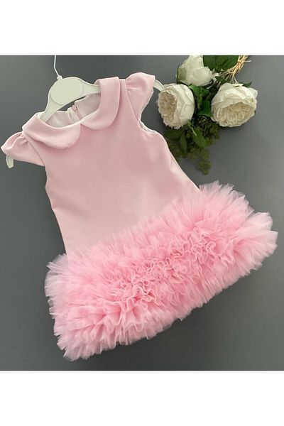 Buse&Eylül Bebe Pink Baby Collar Tulle Detailed Girl's Dress