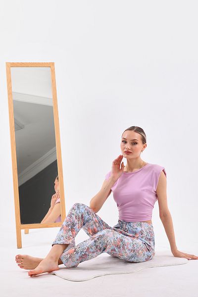 Arvin Pijama Pantaloni de pijama de damă din bumbac, portocalii, cu modele florale