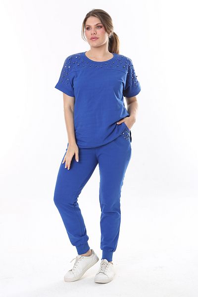 Şans Women's Large Size Saks Stone Detailed Short Sleeve Sweatshirt Pants Set 65N37702