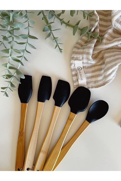 BUCOLIC Set of 5 Black Colored Bamboo Handle Silicone Tip Spoons