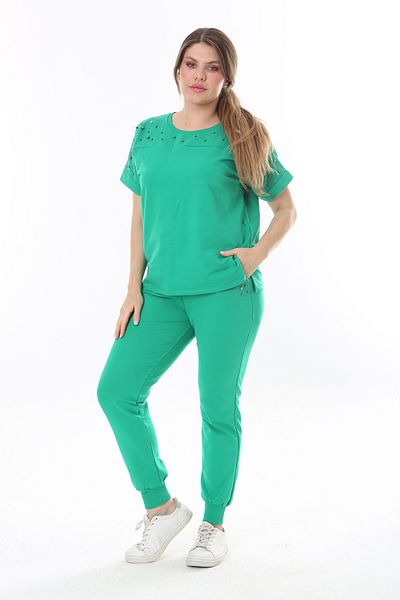 Şans Women's Large Size Green Stone Detailed Short Sleeve Sweatshirt Pants Set 65N37702