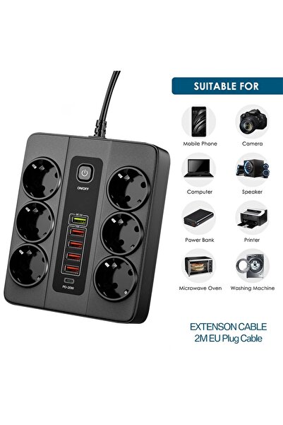 Yellowtech Termal Akım Korumalı 3000W 6’lı Priz | 2m Uzatma Kablosu | 5 USB + 1 Type-C PD Giriş Siyah