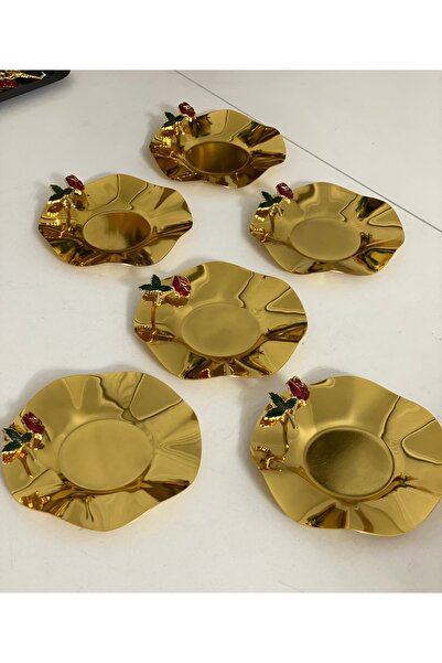 Elzem STAINLESS STEEL GOLD COLOR 6-PIECE TEA PLATE WITH ROSE ACCESSORIES