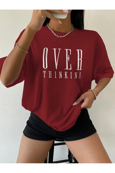 over head oh Tricou oversize cu imprimeu Overthinking Burgundy de damă