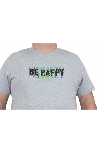 MocGrande Plus Size Men's T-Shirt - Crew Neck, Be Happy 24131, GREY MELANGE