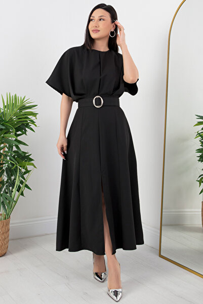 PULLIMM Bisiklet Yaka Yarasa Kol Büzgülü Atlas Elbise JNL2056