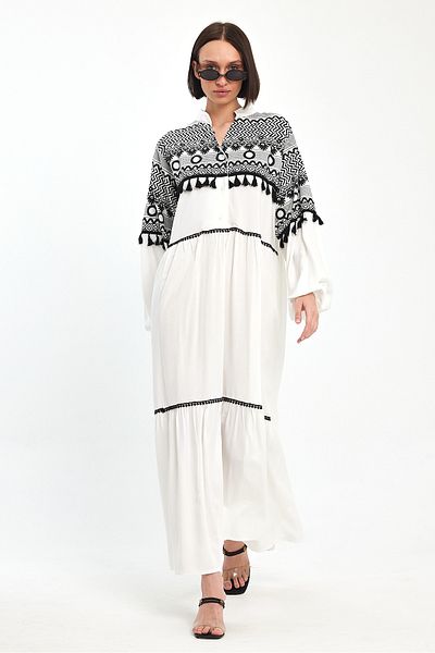 Denismoda Γυναικείο μακρύ φόρεμα με στάμπα και λεπτομέρεια με φούντα