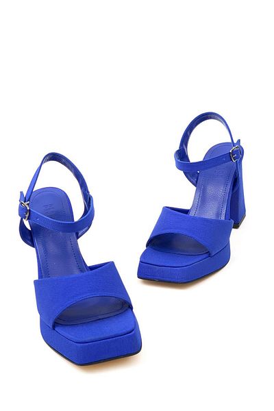 bescobel Women's Yorse Blue Single Bench Ankle Strap High Heel Platdorm Satin Shoes