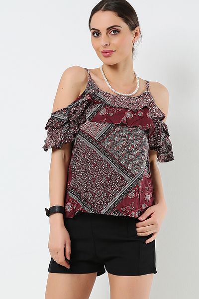 AVORWE U-Neck Shoulder Cutout Chest and Sleeve Ruffle Detail Sling Blouse