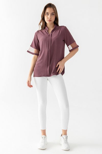EtkiModa Γυναικεία Dusty Rose Judge γιακά μανίκια Τούλι Casual Cut Μπλούζα