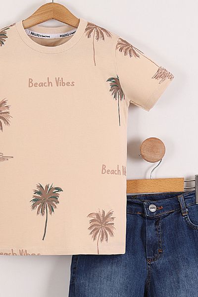 Pollito Tricou cu imprimeu palmier pentru băieți, pantaloni scurți de blugi, set de 2 piese