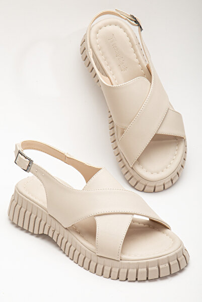 Tonny Black Kadın Ten Bilekten Bağlamalı Çapraz Bantlı Poli Yüksek Taban Sand...