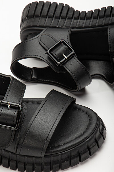 Tonny Black Women's Black Double Buckle Single Strap Poly High Sole Sandals