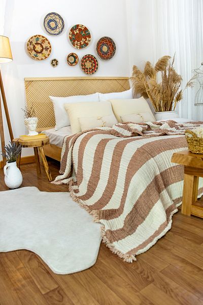 destinyhometex Tile 6-Layer Organic Linen Bed and Sofa Cover 200x250cm/2 Pieces 50x70cm Pillowcase Set