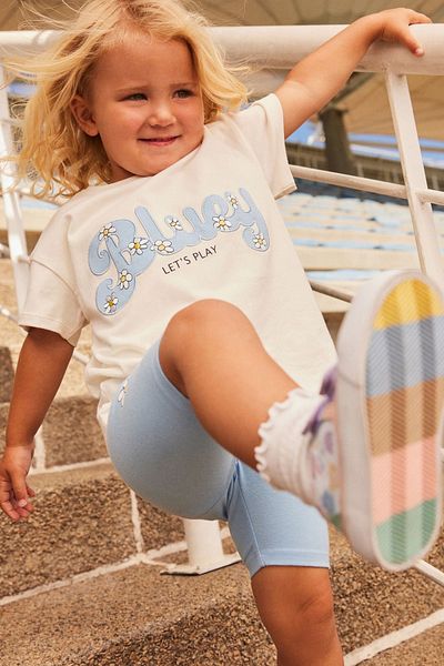 Next Baby Blue Floral Patterned Cotton Short Sleeve T-Shirt and Leggings Set