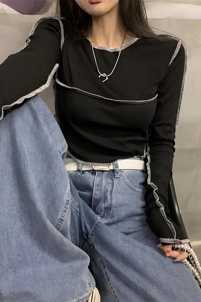 Carpe Reverse Stitching Black Long Sleeve Crop