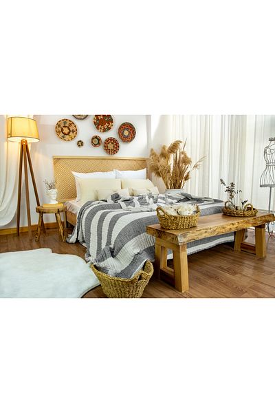 destinyhometex Anthracite 6-Layer Organic Linen Bed Sofa Cover 230x250cm/2 Pieces 50x70cm Pillowcase Set