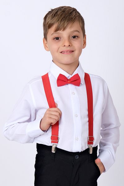 Merdia Boy's Long Sleeve Dobby White Shirt, Bow Tie and Salopet Strap 3-Piece Set