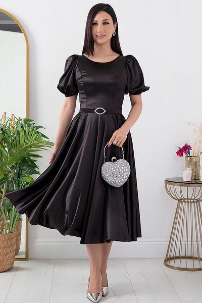 PULLIMM Satin Balloon Sleeve Belted Dress - 39849