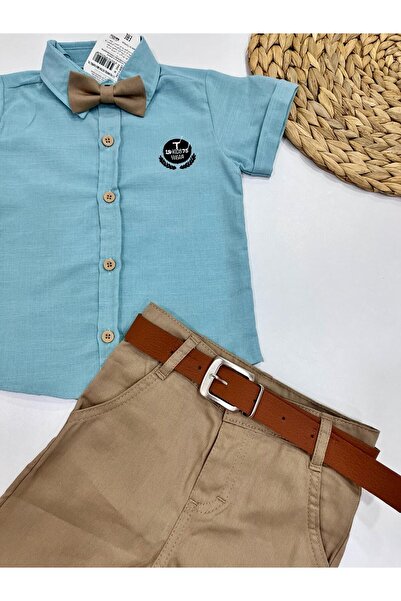 Esterella Boy's Set - Oxford Shirt, Bow Tie Neck, Short Sleeve, Belted Shorts