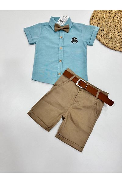 Esterella Boy's Set - Oxford Shirt, Bow Tie Neck, Short Sleeve, Belted Shorts