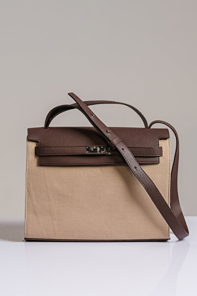 Çantacımstore Geantă de pânză cu detalii din piele maro- nurcă