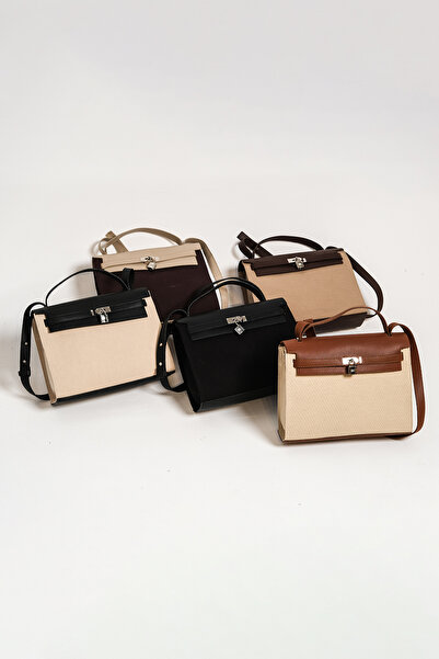 Çantacımstore Geantă de pânză cu detalii din piele maro- nurcă