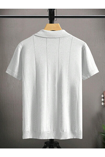 Tarz Cool Erkek Beyaz Çizgili Kısa Kollu Triko T-Shirt