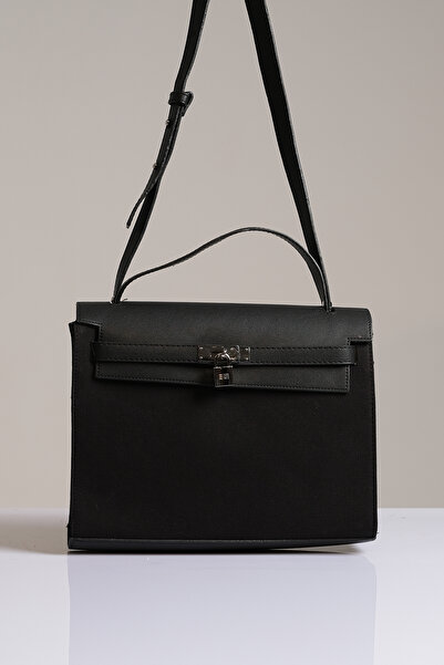 Çantacımstore Geantă de pânză detaliată din piele pentru femei Negru-Negru