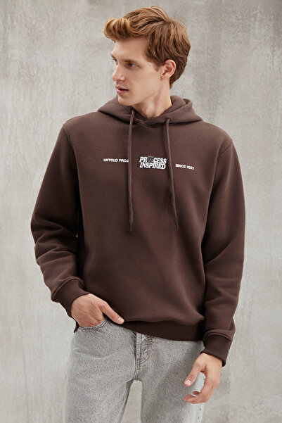 GRIMELANGE Ανδρική μπλούζα με κουκούλα Reinhold, φλις εσωτερικά με στάμπα, Bitter Brown