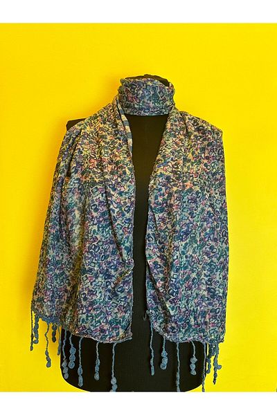Gönülden Tasarım EșARFĂ DUBLĂ PLAIDĂ ȘI CUCURI DE FLORI 165X45 CM ALBASTRU