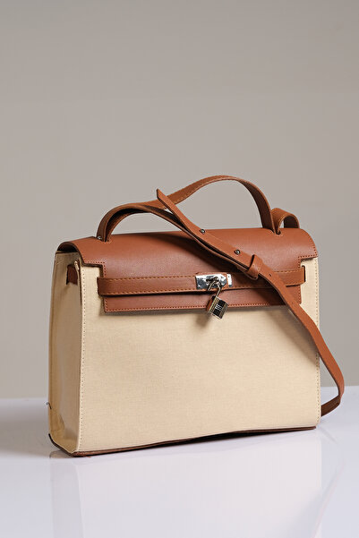 Çantacımstore Geantă de pânză detaliată din piele pentru femei Tan-crem