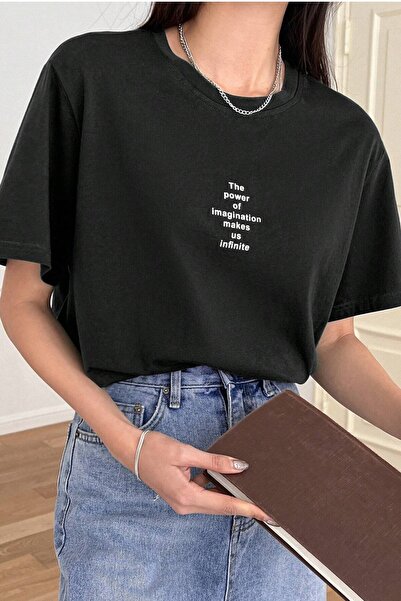 MODAGEN Unisex Siyah Bisiklet Yaka The Power Baskılı Oversize T-Shirt