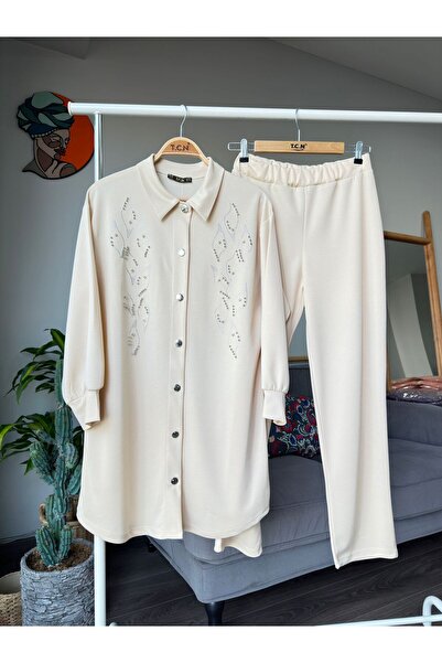 asyadabutik طقم بنطلون قميص مزدوج مزين بأحجار الراين