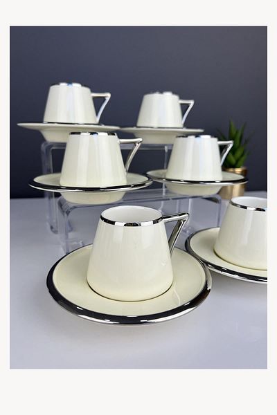 ACAR Luxury Porcelain Elora Silver 6-Piece Cup Set Cream
