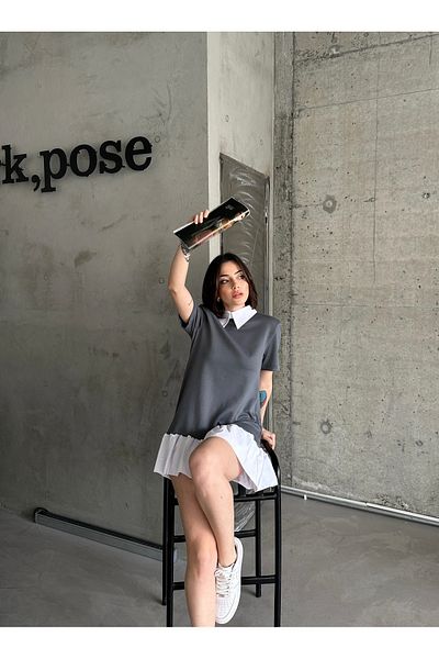 HARMONY GLOBAL Anthracite Baby Collar Padded Short Sleeve Skirt Poplin Detailed Mini Dress 4247