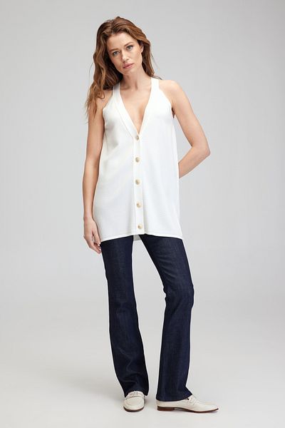 BROOKS BROTHERS Pulover de damă, fără mâneci, cu nasturi, negru, ecru