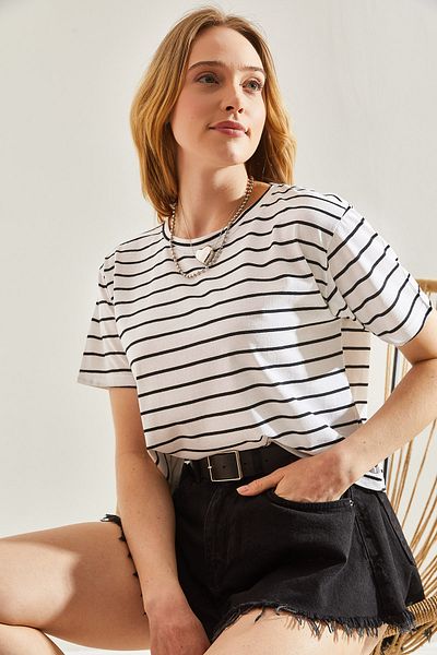 Bianco Lucci Pruhované dámské tričko Crew Neck -60241002