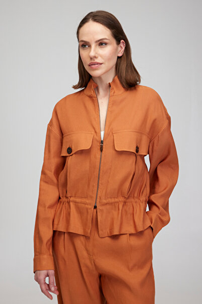 BROOKS BROTHERS Γυναικείο παλτό με φερμουάρ από λινό κανέλα