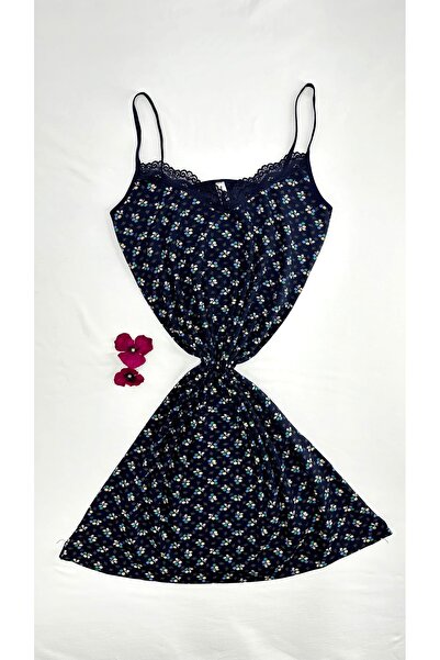 Clara Butik Kadın Askılı Dantelli Likralı Penye Gecelik Desenli Rahat