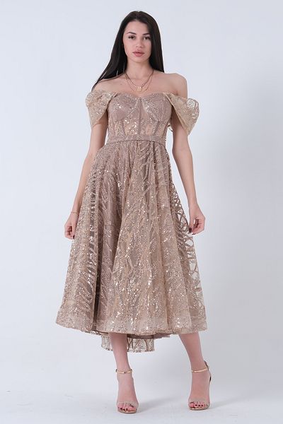 Feminist Sweetheart Collar Belted Sequin Tulle Midi Length Evening Dress Gold9705265