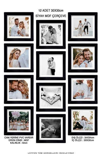 yhfoto 12 Pieces 30x30 Frame - Black Frame - MDF Square Frame - Photo Frame Set