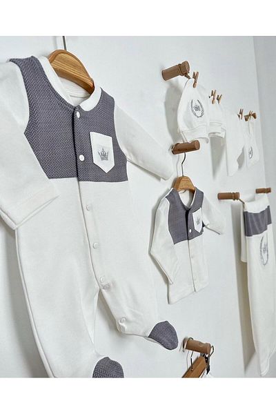 Buse&Eylül Bebe Gray King Crown Embroidered Baby Boy 10 Pieces Hospital Release