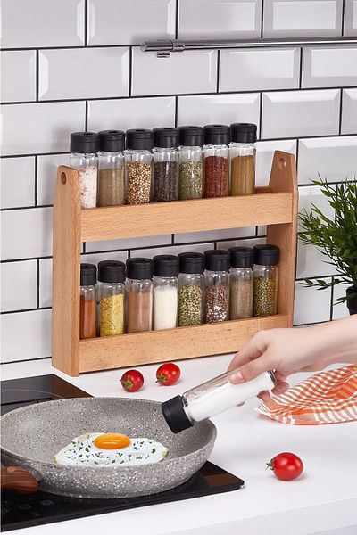 Etka Dizayn Kayra 16-Piece Spice Rack Set, 16-Piece Spice Rack with Wooden Stand