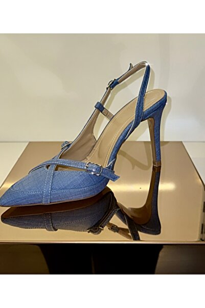 purple shoes MAVİ KOT KEMER DETAYLI ARKASI AÇIK STİLETTO