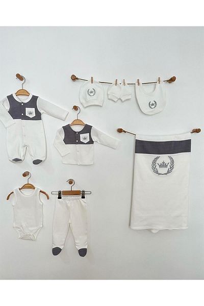 Buse&Eylül Bebe Gray King Crown Embroidered Baby Boy 10 Pieces Hospital Release