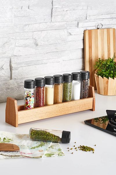 Etka Dizayn Kayra 8-Piece Spice Rack Set, 8-Piece Spice Rack with Wooden Stand