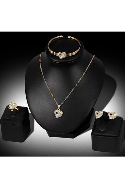 Takıtolia Valentin Gold Colorful Heart Jewelled Necklace and Earrings Gift Simple Stylish Valentine's Day Special Jewelry Set