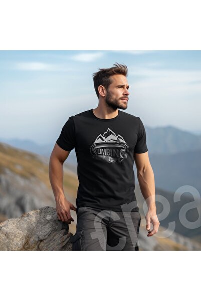 Crea Eymer Wear Dağcılık Tırmanış Climbing Desen Baskılı Bisiklet Yaka 100% Pamuklu Tişört Siyah